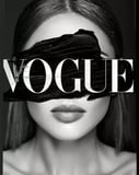 Black-and-white portrait of a woman with Vogue typography partially obscured by a black brushstroke, designed as a stylish watch face