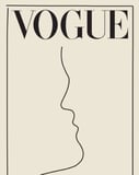 Minimalist line art of a face with Vogue typography on a beige background, designed as a modern and elegant watch face